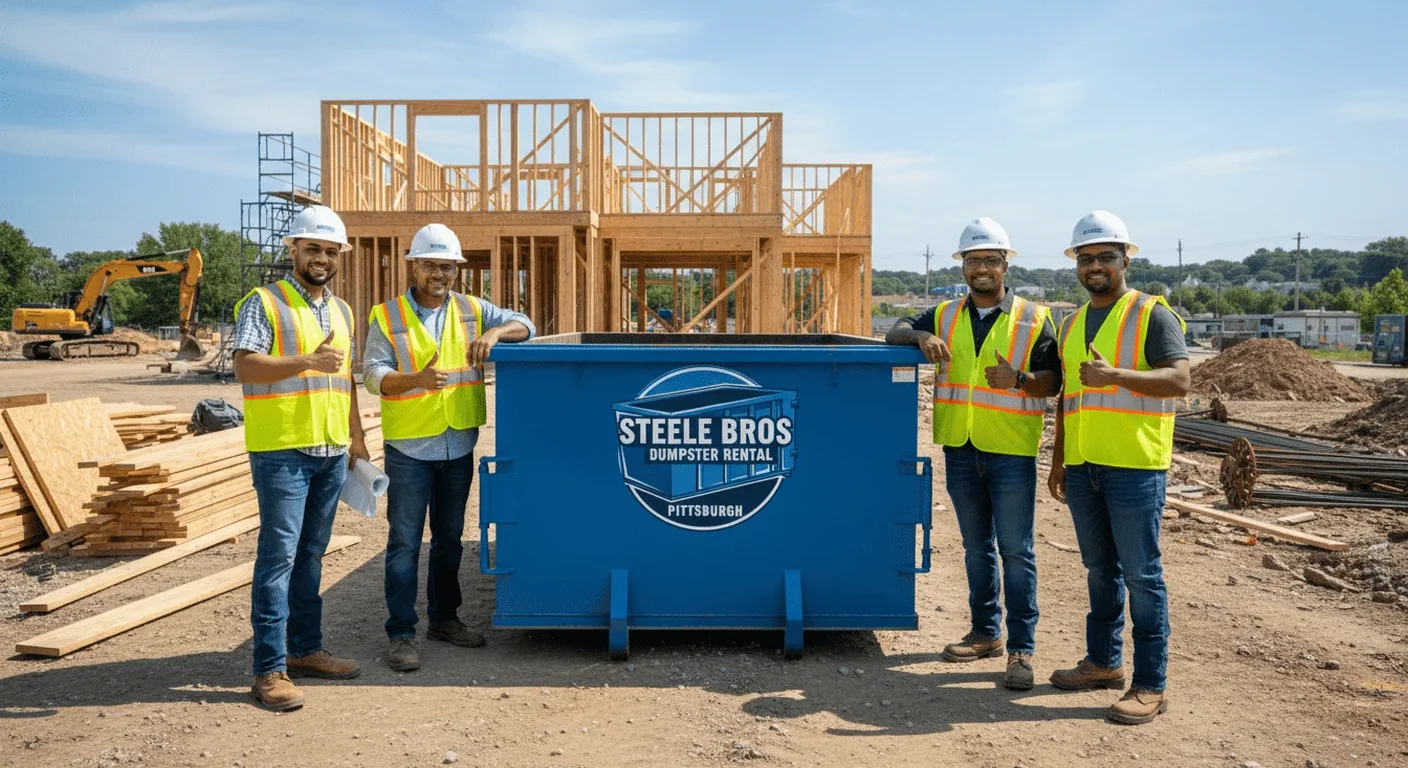 Meet the Steele Bros Dumpster Rental Team - Pittsburgh, PA The onsite Steele Bros Dumpster Rental crew standing together at the company yard in Pittsburgh